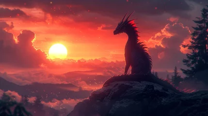 Stof per meter   Dragon atop rock, forest backdrop, sunset © Mikus