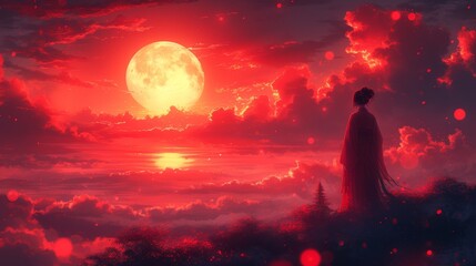 Obraz premium A woman stands before a full moon on a hill, gazing out over a tranquil body of water In the foreground, trees gracefully frame the scene