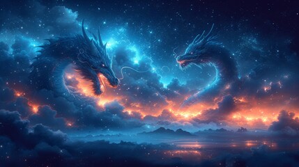   A pair of stunning dragons soaring through the star-studded night sky above a vast expanse of water