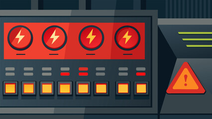 Closeup shot of an control panel with bright red lights and audible alarms signaling an urgent system alert that requires immediate action. - obrazy, fototapety, plakaty