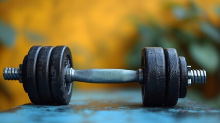   A tight shot of two dumbbells against a blue-yellow backdrop, featuring a plant in the rearground
