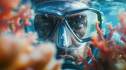 man wearing diving mask with equipment swims in ocean dot close up portrait of man looking at camera through colored coral reefs - obrazy, fototapety, plakaty