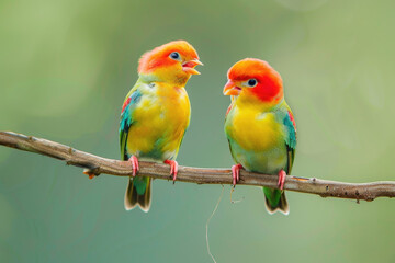 Colorful European bee-eaters sitting on a branch and arguing against a green background