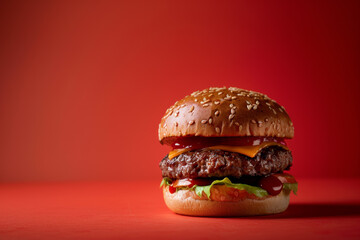 Juicy Cheeseburger on a Red Background