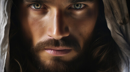 Intimate Portrait of Jesus of Nazareth with Soulful Eyes and Crown of Thorns - obrazy, fototapety, plakaty