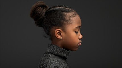 A young black girl in a black sweater with a ponytail blowing her nose - obrazy, fototapety, plakaty
