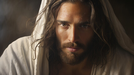 Intimate Portrait of Jesus of Nazareth with Soulful Eyes and Crown of Thorns