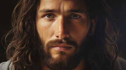 Intimate Portrait of Jesus of Nazareth with Soulful Eyes and Crown of Thorns