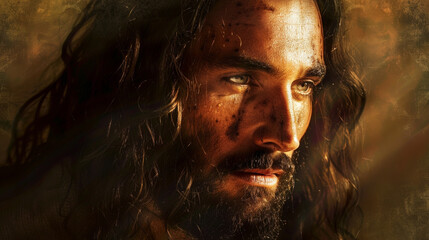 Intimate Portrait of Jesus of Nazareth with Soulful Eyes and Crown of Thorns