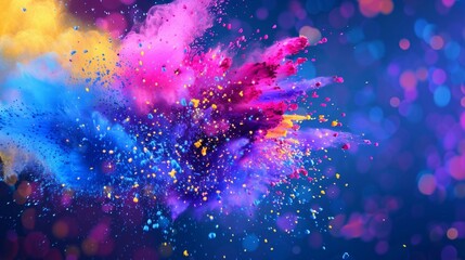 Vibrant blue, purple, and yellow holi paint powder exploding into the air in a dynamic display of...