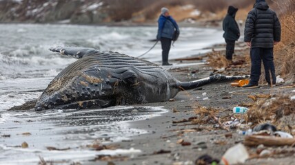 Obraz premium The beach next to the sea has dead whales stranded and garbage. world ocean day world environment day Virtual image
