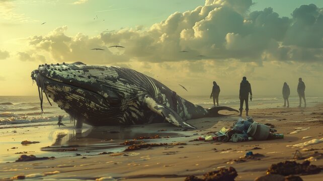 The beach next to the sea has dead whales stranded and garbage. world ocean day world environment day Virtual image