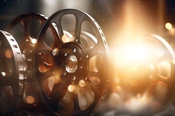 Digital composite of 3D Film reel with flare and bokeh