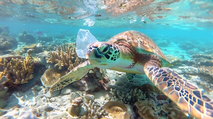 Turtle carries a plastic bag near coral and underwater animals. world ocean day world environment day Virtual image