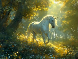 Obraz na płótnie Canvas Majestic Unicorn in Enchanted Forest Light