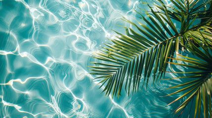 Fototapeta na wymiar Clear water in a pool, reflecting a shiny surface with palm leaves