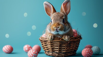   A rabbit sits in a blue-backgrounded basket, encircled by Easter eggs and adorned with white and pink polka dots