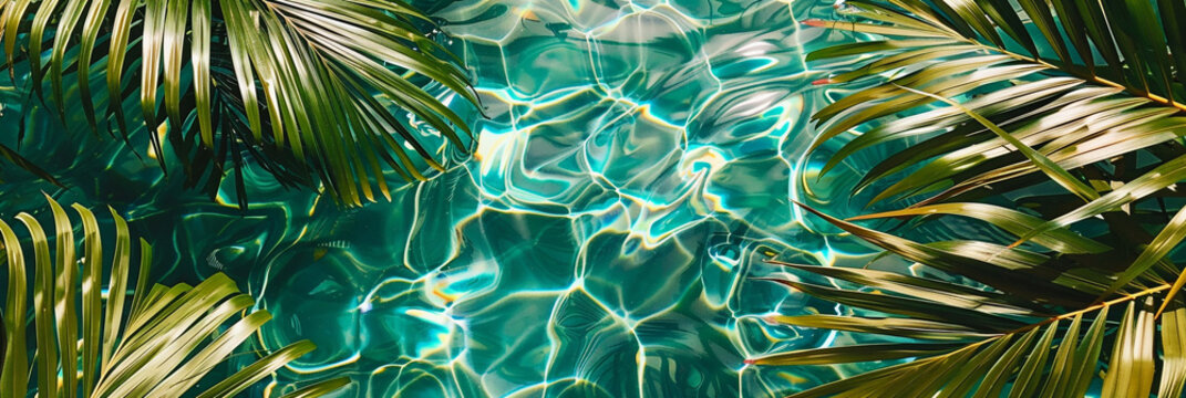 Clear water in a pool, reflecting a shiny surface with palm leaves