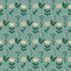 gentle seamless pattern with flowers and leaves on a blue background vector illustration