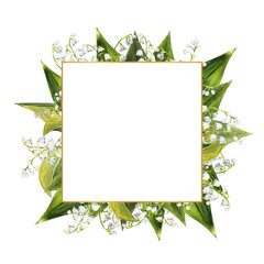 Wreath of spring flowers of lilies of the valley. Hand-drawn watercolor square frame. Watercolor illustration.