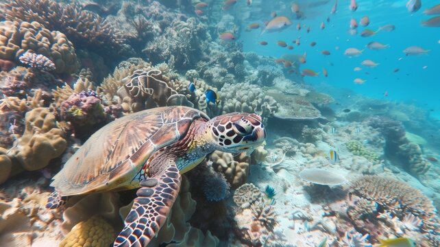 Turtle carries a plastic bag near coral and underwater animals. world ocean day world environment day Virtual image