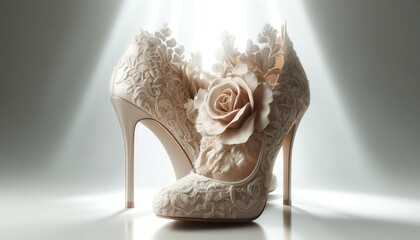 Elegant Ivory Lace Bridal Heels with Rose Embellishments - obrazy, fototapety, plakaty
