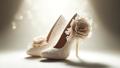 Elegant Ivory Lace Bridal Heels with Rose Embellishments