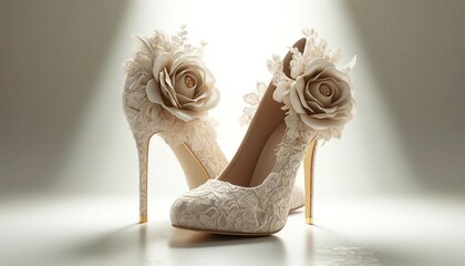 Elegant Ivory Lace Bridal Heels with Rose Embellishments