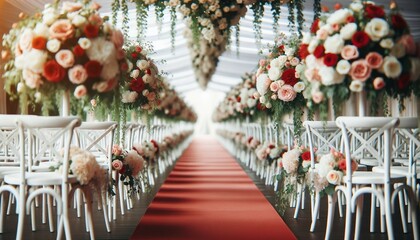 Romantic Floral Wedding Aisle with Red Carpet and Ivy
