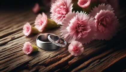 Wedding Rings and Pink Flowers on Wooden Texture