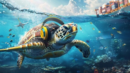 Turtle wearing yellow safety headphones underwater On the water is a cargo ship. --ar 16:9 Job ID: 0f824f1c-c777-4d40-8164-79c9933ba69a