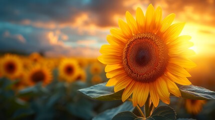   Sunflower amidst field, cloudy sky backdrop; sun filters through clouds, casting intermittent light - obrazy, fototapety, plakaty