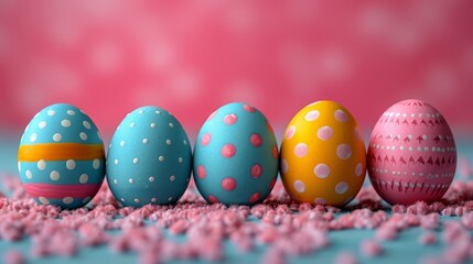 Fototapeta premium A row of painted eggs atop pink and blue sprinkles against a pink backdrop