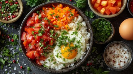   A table holds a bowl of rice, carrots, and an egg atop it Nearby sit additional food-filled bowls