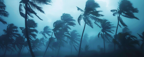 Palm trees swaying in a tropical storm wind