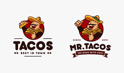 Sombrero hat Mexican tacos restaurant logo mascot hipster vintage retro character cartoon illustration