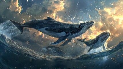 Whales come up to play on the surface of the sea. world ocean day world environment day Virtual image - obrazy, fototapety, plakaty