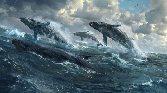 Whales come up to play on the surface of the sea. world ocean day world environment day Virtual image