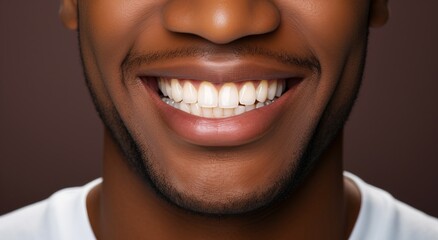 Fototapeta premium Close up studio shot african guy pointing finger to white shiny toothy smile