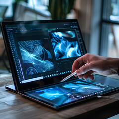 Laptop with two screens, second screen placed horizontally on the bottom panel, touchpad placed below the second screen, a pen being used on the touchpad, no keyboard on the laptop Ai generative 