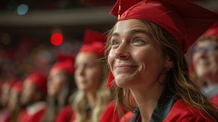 Female graduate in red cap and gown at commencement ceremony.