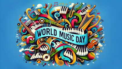 World music day banner, Music day event and musical instruments colorful design