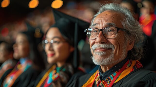 Proud elder male graduate in traditional attire at graduation ceremony.