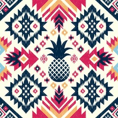 Seamless ethnic ikat pattern, fruit, pineapple, and local culture, ideal for backgrounds, wallpapers, and textiles. Embodies traditional embroidery in an image illustration for versatile design uses.