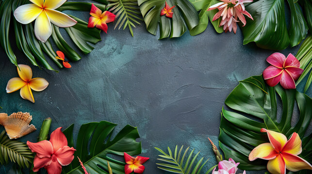 flat lay top view  lei day background with flower and leaves on dark green table.
