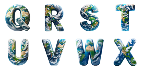 Artistic Representation of Planet Earth: Alphabet letters Q, R, S, T, U, V, W, X with earth textures and elements