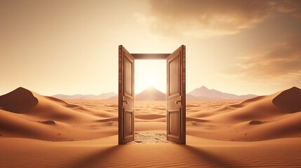 Open door in the desert. 3D render