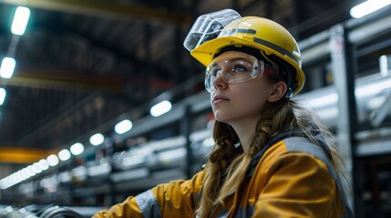 Female Worker Inspecting Metal Parts in Manufacturing Plant
