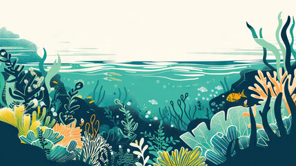 coral reefs and seagrass beds on underwater sea world background with copy space.