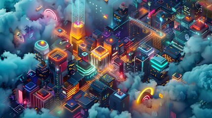 Neon-lit futuristic cityscape with cloud-level skyscrapers illuminated by dynamic light trails and holographic projections against a twilight sky